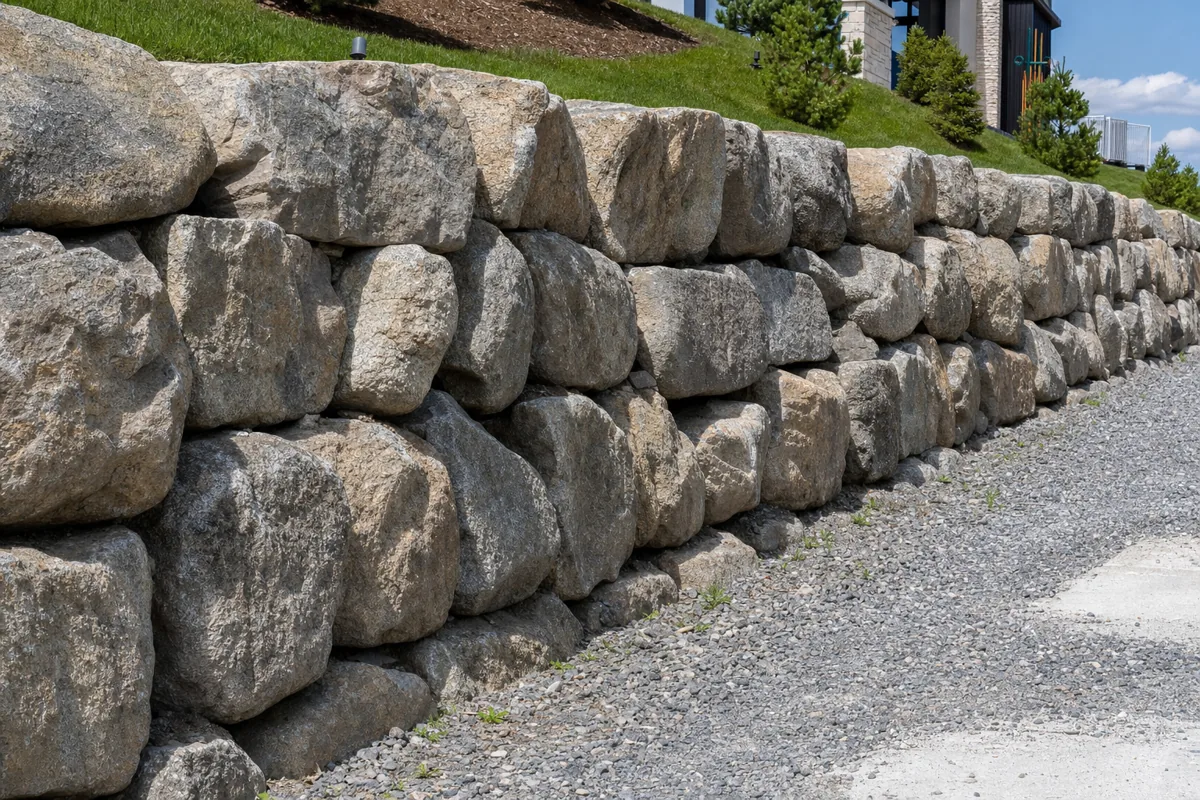 Large boulder retaining wall holding back a graded earth slope